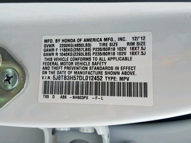 5J8TB3H57DL012452 - 2013 ACURA RDX TECHNO WHITE photo 10