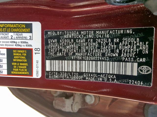 4T1BK1EB2GU224453 - 2016 TOYOTA AVALON XLE BURGUNDY photo 10