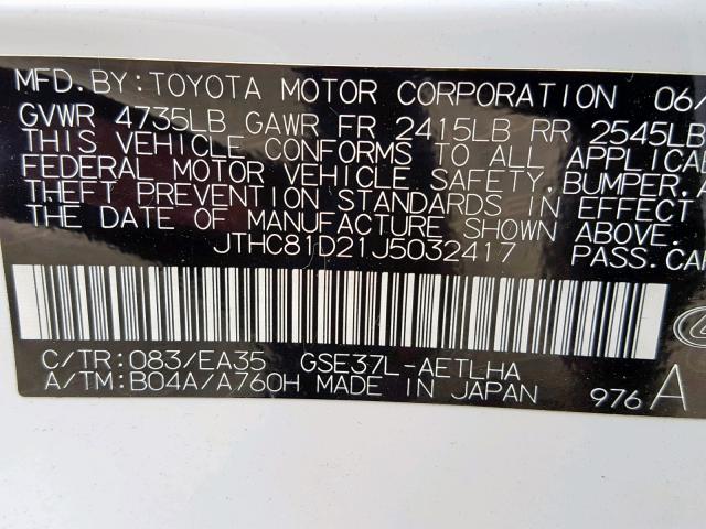 JTHC81D21J5032417 - 2018 LEXUS IS 300 WHITE photo 10