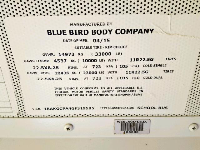 1BAKGCPA4GF319505 - 2016 BLUE BIRD SCHOOL BUS YELLOW photo 10