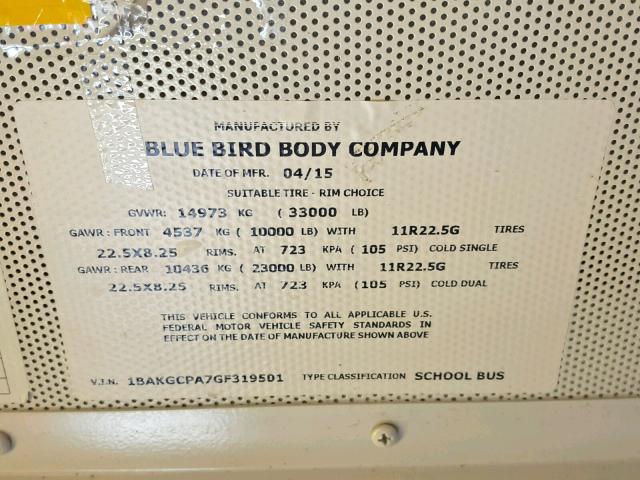 1BAKGCPA7GF319501 - 2016 BLUE BIRD SCHOOL BUS YELLOW photo 10