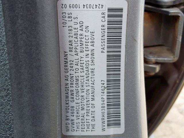 WVWRH63B94P146247 - 2004 VOLKSWAGEN PASSAT GLX GRAY photo 10