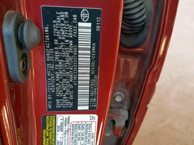 4T1BE32K05U078865 - 2005 TOYOTA CAMRY LE RED photo 10