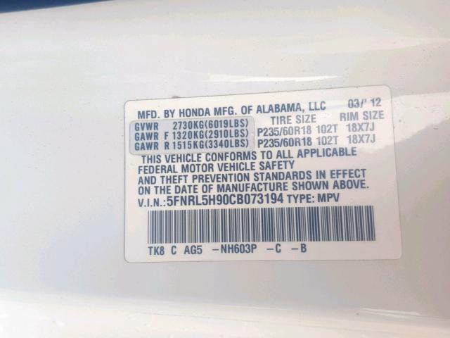 5FNRL5H90CB073194 - 2012 HONDA ODYSSEY TO WHITE photo 10