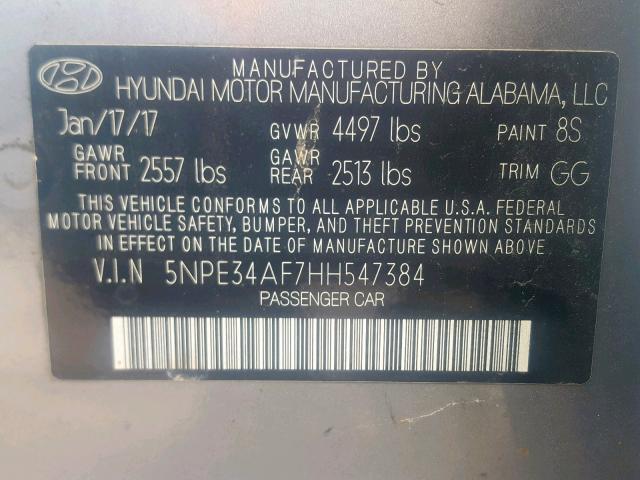 5NPE34AF7HH547384 - 2017 HYUNDAI SONATA SPO SILVER photo 10