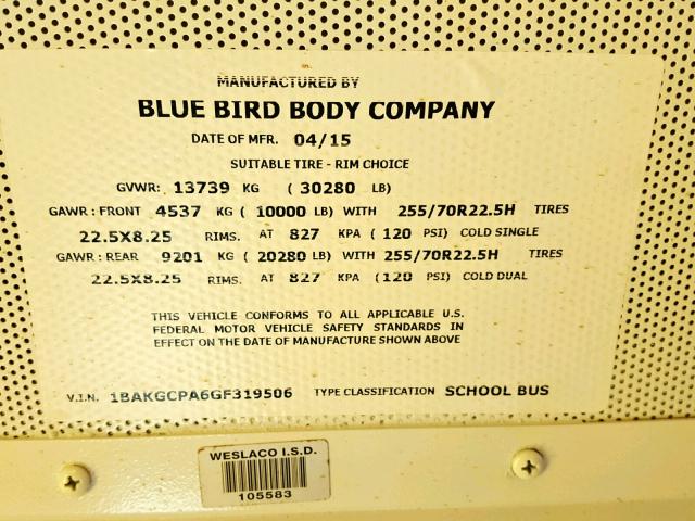 1BAKGCPA6GF319506 - 2016 BLUE BIRD SCHOOL BUS YELLOW photo 10