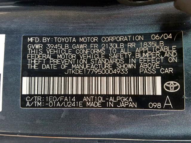 JTKDE177950004933 - 2005 TOYOTA SCION TC BLUE photo 10