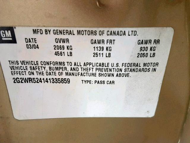 2G2WR524141335859 - 2004 PONTIAC GRAND PRIX 米色 照片 10