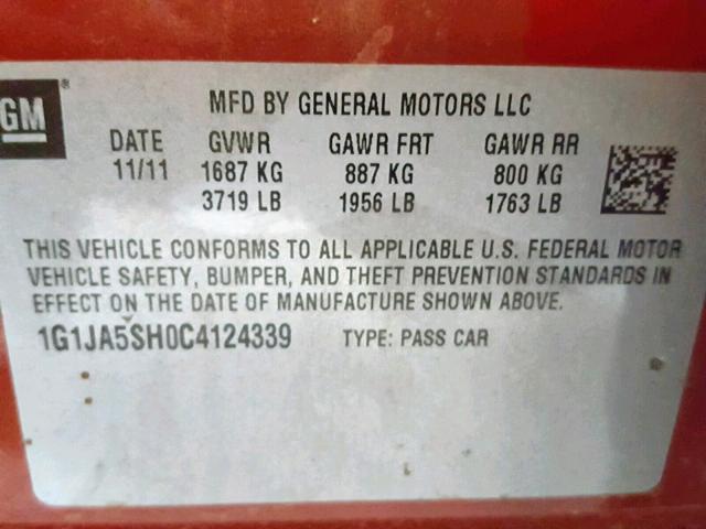 1G1JA5SH0C4124339 - 2012 CHEVROLET SONIC LS BURGUNDY photo 10