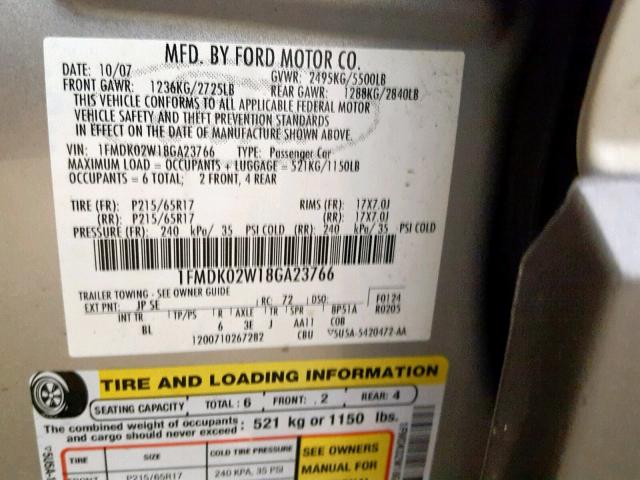 1FMDK02W18GA23766 - 2008 FORD TAURUS X S GRAY photo 10