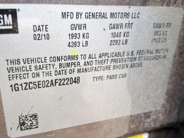 1G1ZC5E02AF222048 - 2010 CHEVROLET MALIBU 1LT GRAY photo 10