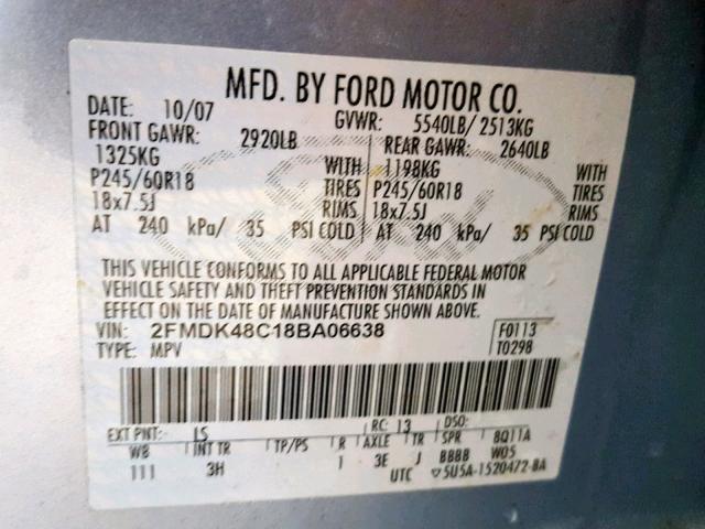 2FMDK48C18BA06638 - 2008 FORD EDGE SEL BLUE photo 10