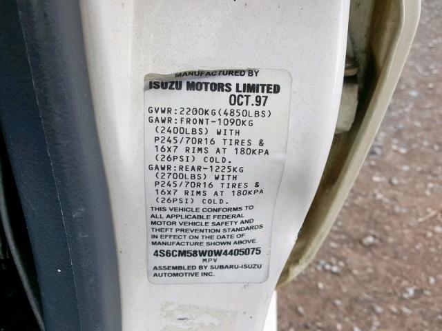 4S6CM58W0W4405075 - 1998 HONDA PASSPORT E 白色 照片 10