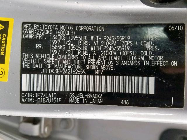 JTEDK3EH2A2162659 - 2010 TOYOTA HIGHLANDER SILVER photo 10