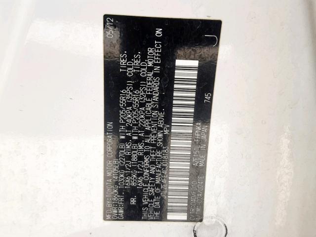 JTLZE4FE4CJ018183 - 2012 TOYOTA SCION XB 白色 照片 10