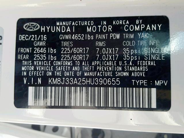 KM8J33A25HU390655 - 2017 HYUNDAI TUCSON LIM WHITE photo 10