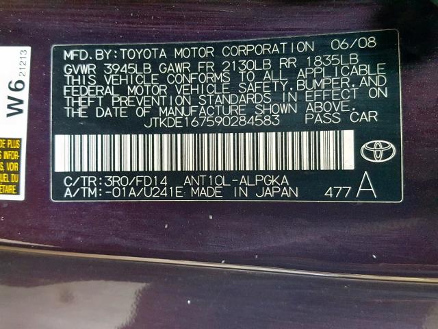 JTKDE167590284583 - 2009 TOYOTA SCION TC BURGUNDY photo 10