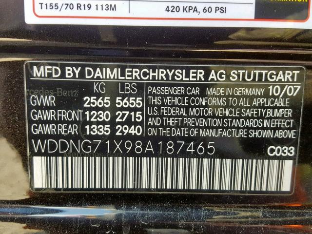 WDDNG71X98A187465 - 2008 MERCEDES-BENZ S 550 BLACK photo 10