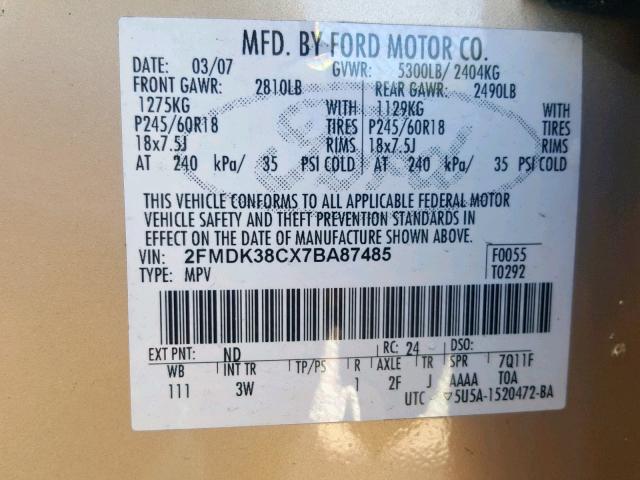 2FMDK38CX7BA87485 - 2007 FORD EDGE SEL TAN photo 10