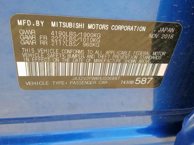 JA32V2FW4HU006887 - 2017 MITSUBISHI LANCER ES BLUE photo 10