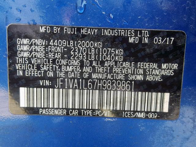 JF1VA1L67H9839861 - 2017 SUBARU WRX LIMITE BLUE photo 10