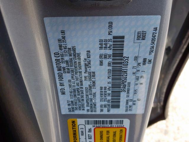 3FA6P0SU2JR110352 - 2018 FORD FUSION TIT SILVER photo 10