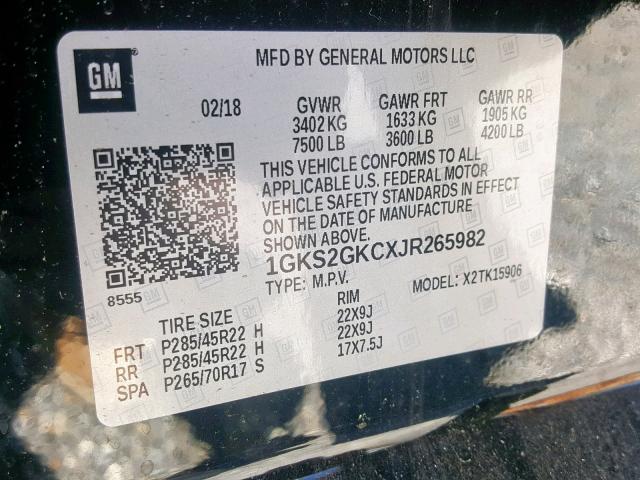 1GKS2GKCXJR265982 - 2018 GMC YUKON XL K BLACK photo 10