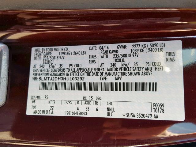 5LMTJ2DH3HUL03292 - 2017 LINCOLN MKC SELECT MAROON photo 10