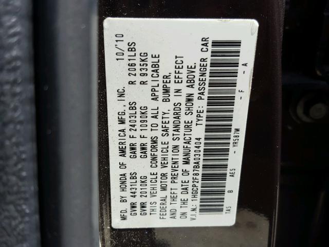 1HGCP2F87BA030404 - 2011 HONDA ACCORD EXL CHARCOAL photo 10