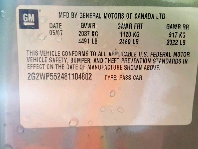 2G2WP552481104802 - 2008 PONTIAC GRAND PRIX GRAY photo 10