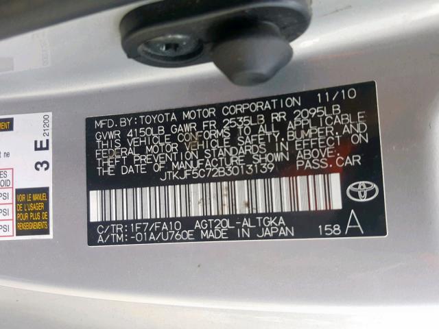 JTKJF5C72B3013139 - 2011 TOYOTA SCION TC 银色 照片 10