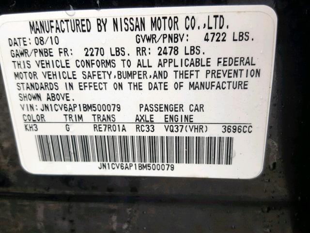 JN1CV6AP1BM500079 - 2011 INFINITI G37 BASE BLACK photo 10