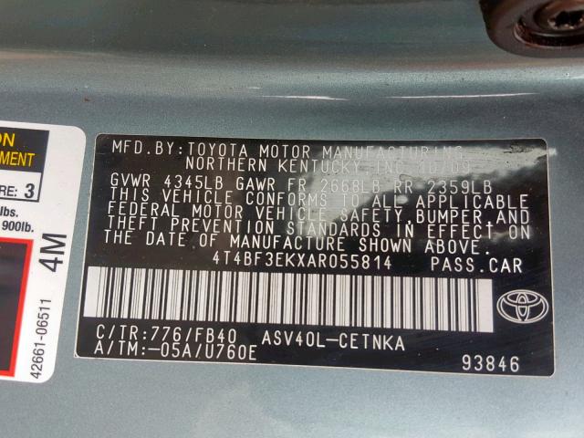 4T4BF3EKXAR055814 - 2010 TOYOTA CAMRY BASE TEAL photo 10