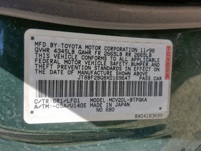 JT8BF28G8X0169647 - 1999 LEXUS ES 300 GREEN photo 10