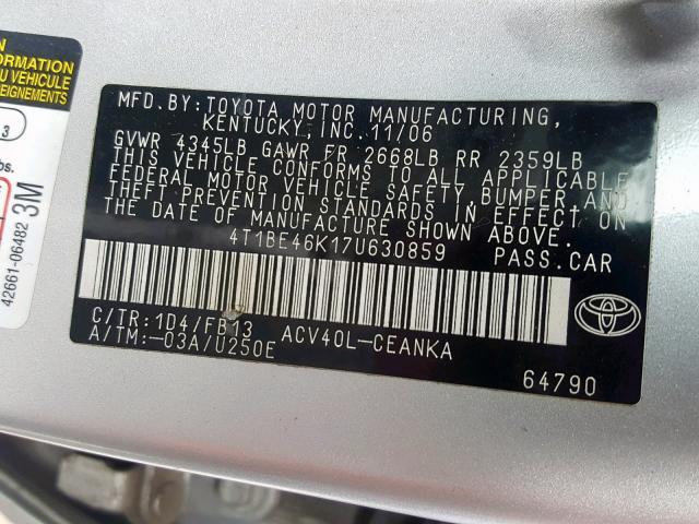 4T1BE46K17U630859 - 2007 TOYOTA CAMRY NEW SILVER photo 10