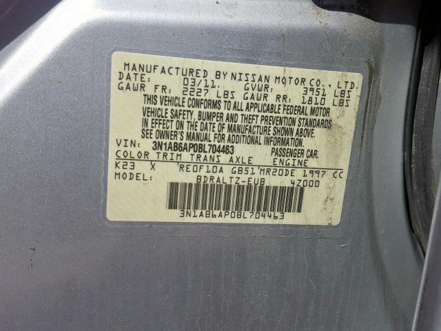 3N1AB6AP0BL704463 - 2011 NISSAN SENTRA 2.0 GRAY photo 10