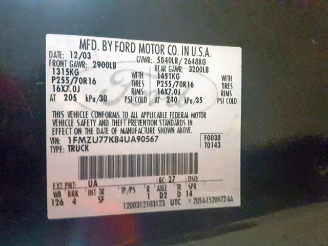 1FMZU77K84UA90567 - 2004 FORD EXPLORER S BLACK photo 10