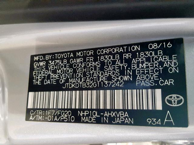 JTDKDTB32G1137242 - 2016 TOYOTA PRIUS C SILVER photo 10