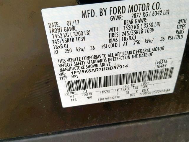 1FM5K8AR7HGD57914 - 2017 FORD EXPLORER P TWO TONE photo 10