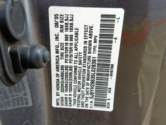 5J6YH28635L028391 - 2005 HONDA ELEMENT EX GRAY photo 10