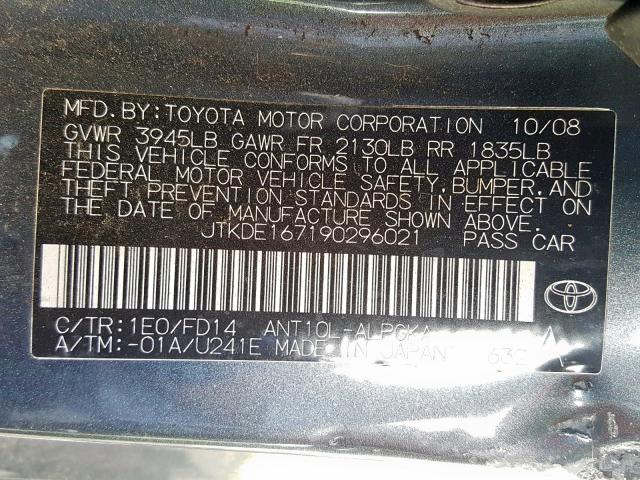 JTKDE167190296021 - 2009 TOYOTA SCION TC BLACK photo 10