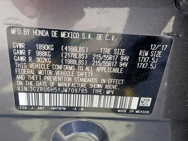 3CZRU6H51JM709785 - 2018 HONDA HR-V EX GRAY photo 10