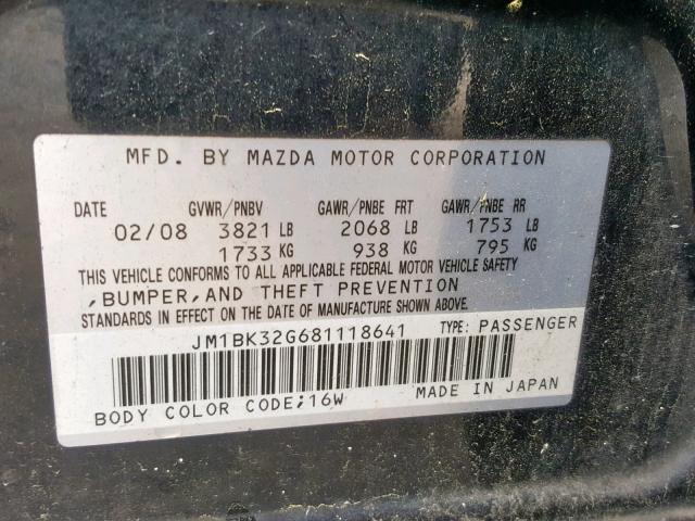 JM1BK32G681118641 - 2008 MAZDA 3 I BLACK photo 10