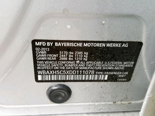 WBAXH5C5XDD111078 - 2013 BMW 528 XI SILVER photo 10