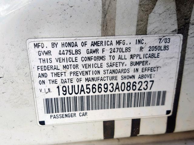 19UUA56693A086237 - 2003 ACURA 3.2TL WHITE photo 10