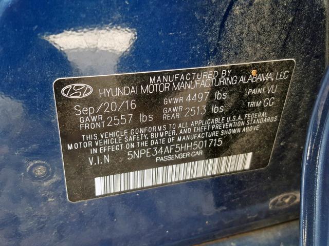 5NPE34AF5HH501715 - 2017 HYUNDAI SONATA SPO BLUE photo 10