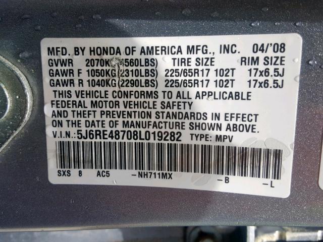 5J6RE48708L019282 - 2008 HONDA CR-V EXL BLUE photo 10