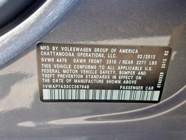 1VWAP7A33CC057648 - 2012 VOLKSWAGEN PASSAT S GRAY photo 10