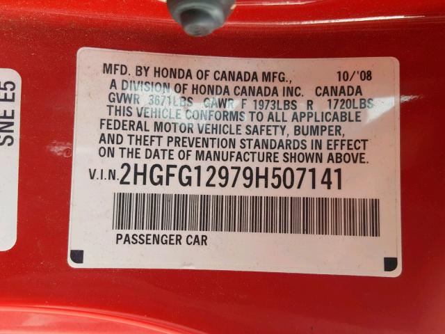 2HGFG12979H507141 - 2009 HONDA CIVIC EXL RED photo 10