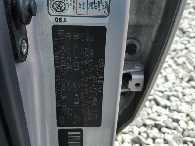 KNAFU4A21D5711105 - 2013 KIA FORTE EX SILVER photo 10